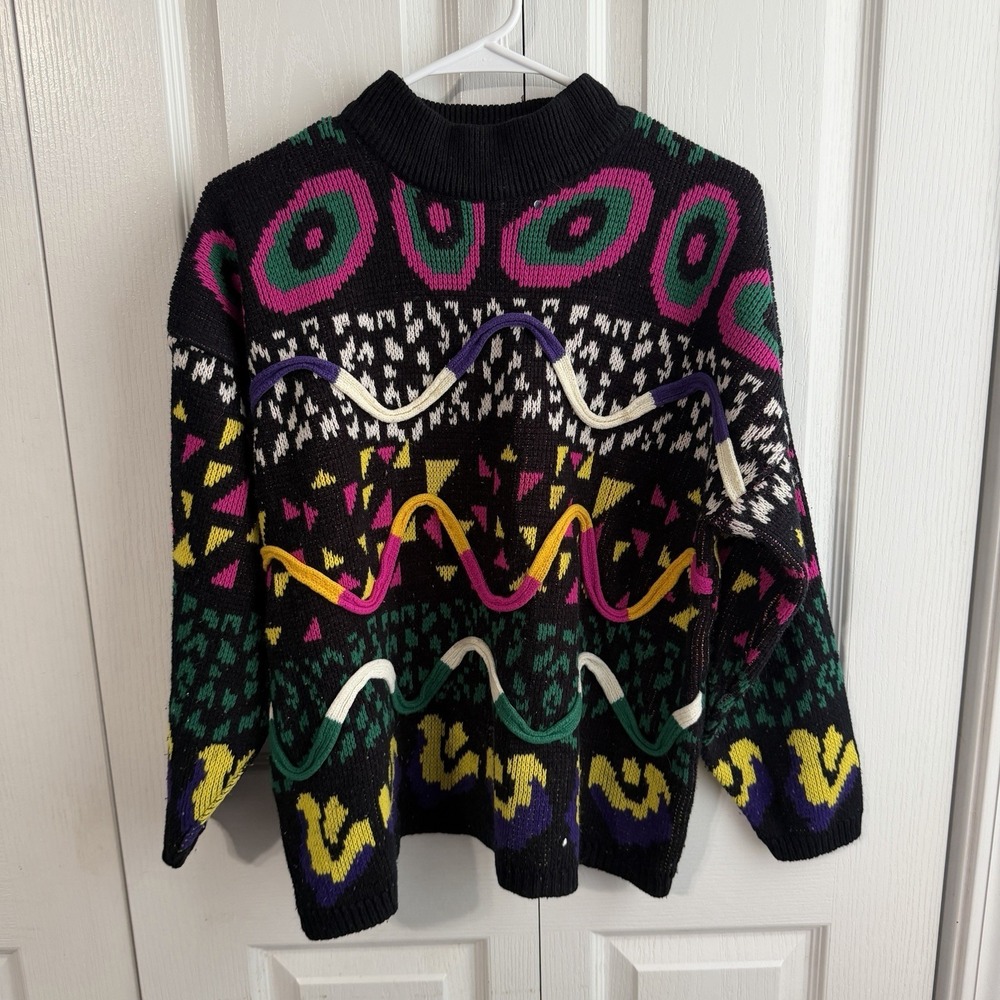 Jamie Scott Multicolor Knitted Abstract Sweater Women's Size Large Vintage 80s